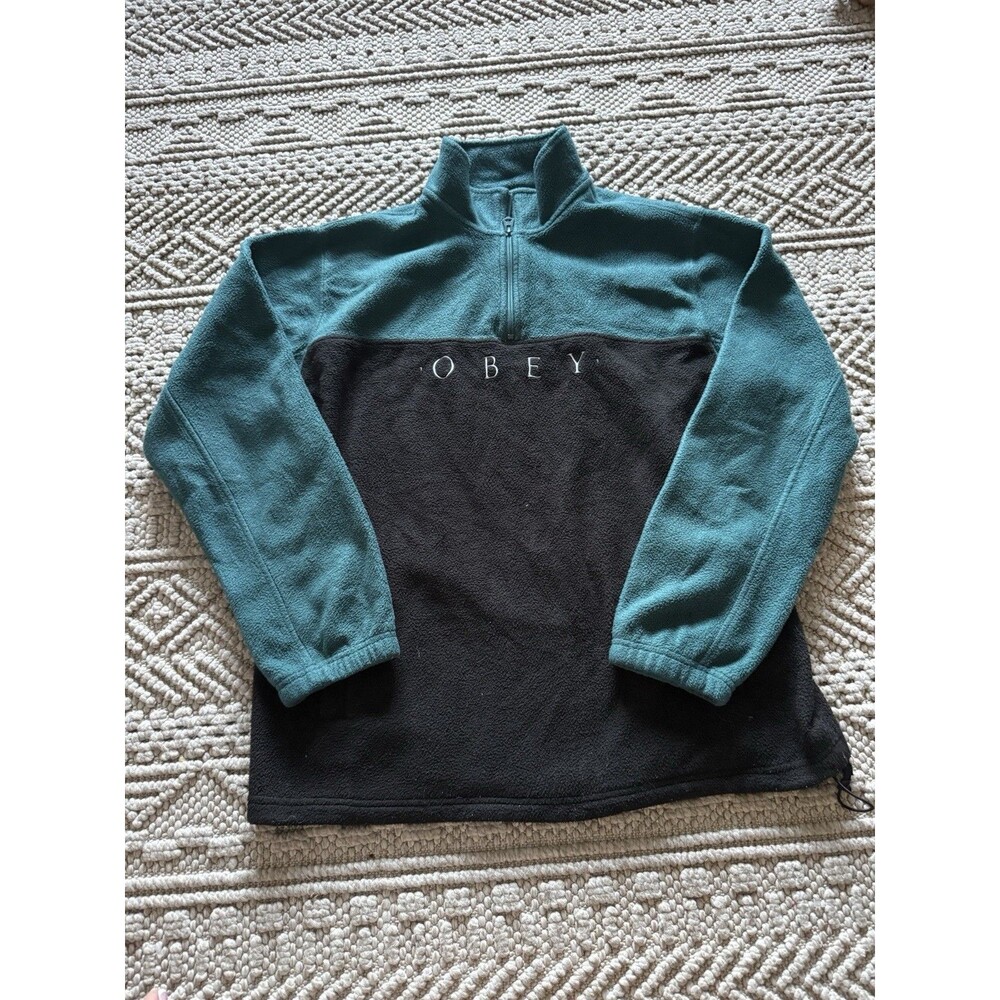Obey Sweater Men's Large L Green Black Two Tone Long Sleeve 1/4 Zip Pullover